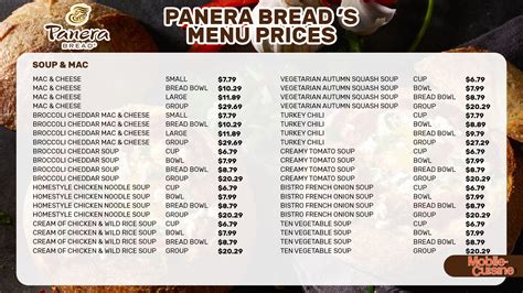 Panera Bread menu with pictures and prices